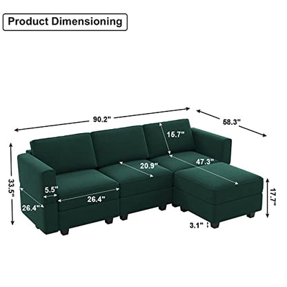Belffin Convertible Sectional Sofa with Chaise Velvet L Shaped Sofa Couch Modular Sectional Sofa with Storage Green - color: Green, size: L Shape Sofa