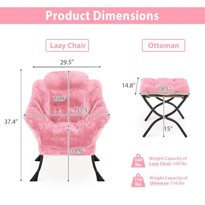 Youtanic Lazy Chair with Folding Ottoman, Accent Chair Plush Upholstered with Metal Structure and Non-Slip Pads, Sofa Armchair with Footrest and Side Storage Bag for Dorm, Room, Office, Pink - color: Plush Pink-f