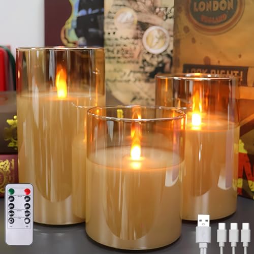 200 Hours Glass Rechargeable Flickering Flameless Candles with Remote | Rechargeable LED Pillar Fake Candles, Real Wax Warm Color for Halloween, Home Fall Room Decor, Ideal Gift for Women - color: Amber 3PCS