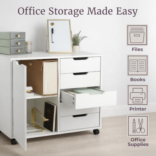 5 Drawer Office Storage Cabinet - Wooden Lateral File Cabinet with 5 Drawers, Door, and Adjustable Shelves - Rolling Printer Stand for Home Office Organization and Storage by Lavish Home (White)