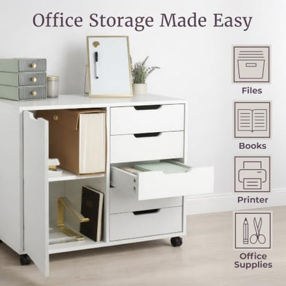 5 Drawer Office Storage Cabinet - Wooden Lateral File Cabinet with 5 Drawers, Door, and Adjustable Shelves - Rolling Printer Stand for Home Office Organization and Storage by Lavish Home (White)