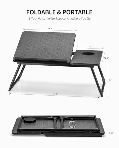 FISYOD Foldable Laptop Desk for Bed Couch, Adjustable Split Lap Desk with Cup Holder, Portable Lightweight Bed Table Tray, Heavy-Duty Laptop Stand for Working, Writing, Reading and Eating - Black - color: Black