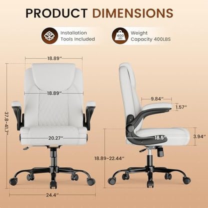 GTPLAYER PU Leather Office Chair, Home Desk Chair with Flip-up Arms, White | Ergonomic Back, Comfy Executive Chair for Home Office Gaming, Flexible Rocking, Heavy Duty Chairs - color: White