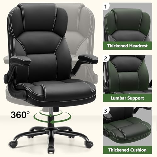 Leather Office Chair with Flip Up Arms, 360° Swivel Ergonomic Desk Chair with Wheels, Adjustable Height Computer Chair with Padded Seat for Home Office, Study,Gaming Room, Black - color: Black