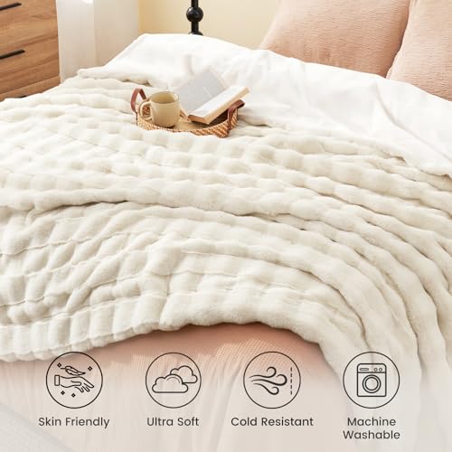 Cozy Bliss Fluffy Faux Fur Blanket Queen Size for Bed, Fuzzy Soft Striped Plush Blanket, Thick Throw for Bedroom Couch Gift, 90x90 Inches Cream White - color: Cream White, size: Queen(90" x 90")