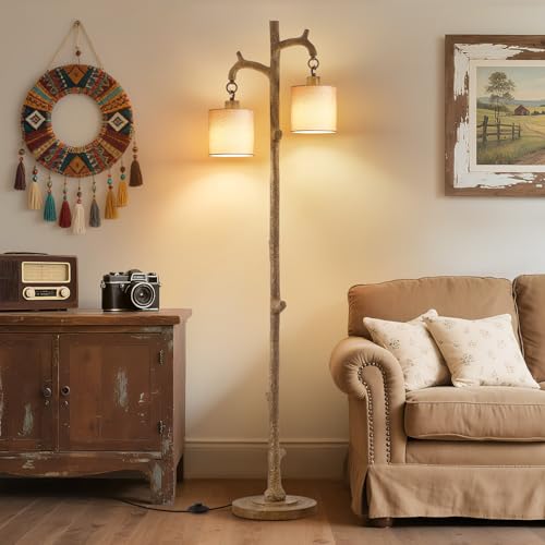 EJIAXIN Rustic Floor Lamp for Living Room - 69" Farmhouse Floor Lamp with 2 Country Vintage Reading Light - Tree Trunk Tall Lamp Standing Lamps for Bedroom Office Home Decor (Brown, Bulb Included) - color: Brown