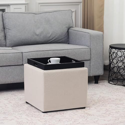 Storage Square Ottoman with Tray, Small Linen Foot Rest Stool Cube, Coffee Table for Dorm Living Room Bedroom, Beige - color: Beige
