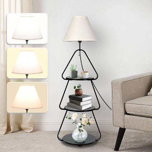 Qupui Floor Lamp with Small Round Side Table, 3-Tier Circular End Table with Storage Shelf, Round Corner Coffee Desk Nightstand for Living Room Bedroom Small Spaces, Black - color: 3-Tier Black