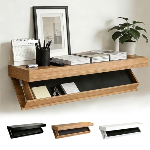 Floating Hidden Shelves for Wall with Concealed Storage Drawer, Hidden Shelf Night Stand with Secret Compartment, for Home Office Living Room, Wood - color: Wood