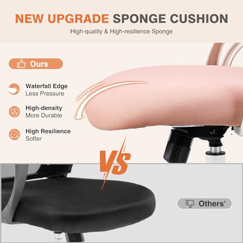 Sweetcrispy Computer Desk Chair, Mesh Office Chair with Lumbar Support | Ergonomic High-Back, Rolling Work, Adjustable Headrests, Flip-up Arms, Home Bedroom Study, Pink - color: Pink, style: Flip-up Armrest