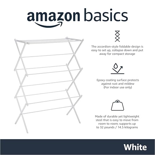 Amazon Basics Foldable Portable Clothes Drying Rack for Indoor Air Drying, Collapsible Design, 14.5" D x 29.5" W x 41.8" H, White - color: White