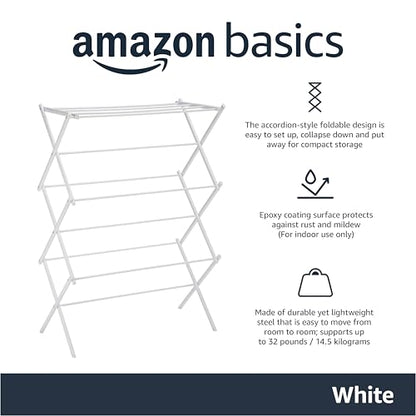 Amazon Basics Foldable Portable Clothes Drying Rack for Indoor Air Drying, Collapsible Design, 14.5" D x 29.5" W x 41.8" H, White - color: White