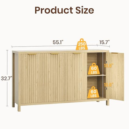 Fluted Buffet Cabinet with Storage, 55" Sideboard Cabinet with 4 Doors, Modern Credenza Accent Console Cabinet Coffee Bar Table for Living Room Dining Room Hallway, Oak - color: Oak