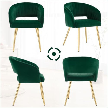 Velvet Home Office Desk Vanity Chair, No Wheels, Gold Legs, Green | Modern Accent Chair with Stylish Stripe Design, Spacious‌ Soft Seat for Girls & Women Bedroom Makeup or Nail Table - color: Green Velvet, No Wheels