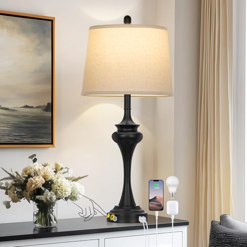 Rinweey 30 Inch Black Table Lamp Single, 3-Way Touch Control Bedside Lamp with USB A+C Ports, Modern Bedroom Lamps for Nightstand, Metal Living Room Lamps for Side Table Desk Office, Bulb Included - color: Black-30"H-1PK