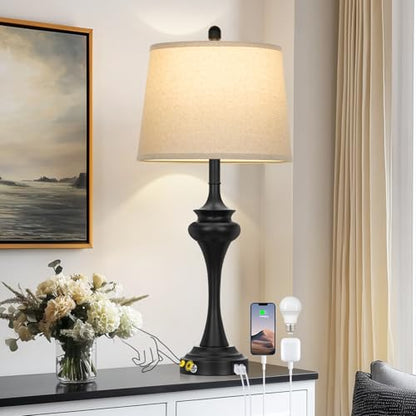 Rinweey 30 Inch Black Table Lamp Single, 3-Way Touch Control Bedside Lamp with USB A+C Ports, Modern Bedroom Lamps for Nightstand, Metal Living Room Lamps for Side Table Desk Office, Bulb Included - color: Black-30"H-1PK