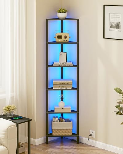 TUTOTAK Corner Shelf with LED Light, 6-Tier Corner Bookshelf | for Small Space, Narrow Display Corner Shelf Stand with Storage Rack, for Living Room, Bedroom, Black BS05BK006L - color: Black, size: 6-tier With Led