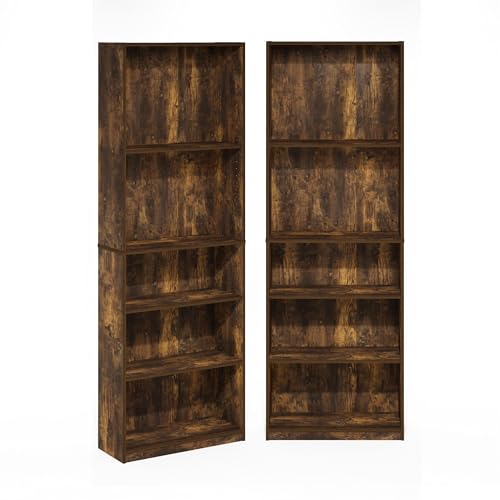Furinno Jaya Book Shelf Set of 2, 5-Tier Bookshelf, Bookcase, with Adjustable Shelf, 9.5 x 24.5 x 71, for Home Office, Living Room, Amber Pine - color: Amber Pine, size: Set of 2, 5-Tier