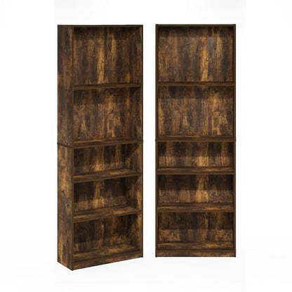 Furinno Jaya Book Shelf Set of 2, 5-Tier Bookshelf, Bookcase, with Adjustable Shelf, 9.5 x 24.5 x 71, for Home Office, Living Room, Amber Pine - color: Amber Pine, size: Set of 2, 5-Tier