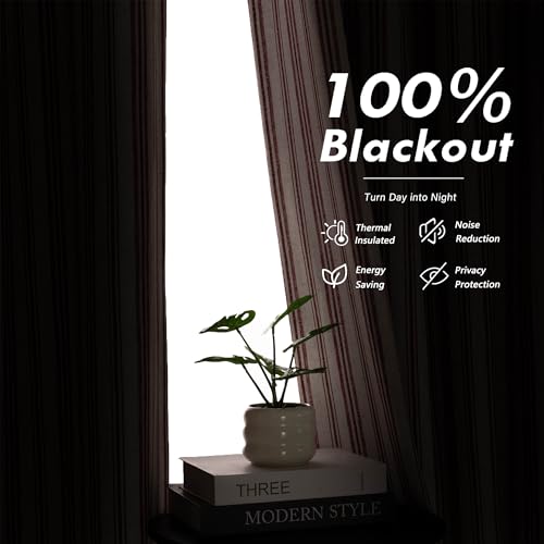 MYSKY HOME Striped Curtains 100% Blackout for Girls Bedroom Living Room 96 Inches Long Red Stripe Patterned Farmhouse Rustic Linen Blend Double Layer Drapes, Grommet, 2 Panels, 52" Wide - color: B-red/Blackout, size: 52"W x 96"L (Pack of 2)
