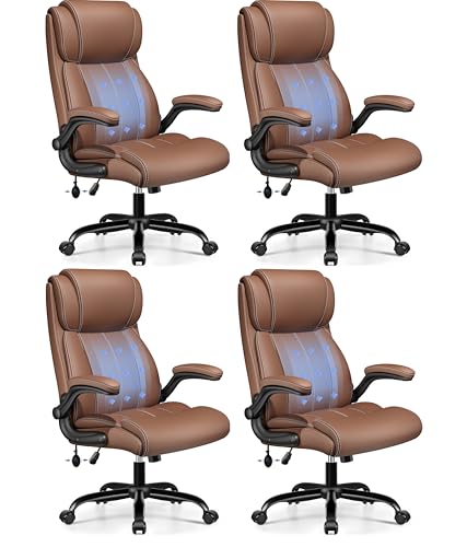 BESTFAIR High Back Leather Office Chair with Air Lumbar, Flip Arms, Brown | Inflatable Lumbar Support, Flip-Up Armrests, Cushioned 21" Wide Seat, Scratch-Resistant PU Leather, Rocking Function, 4 Pack - color: Brown, size: 4 Pack