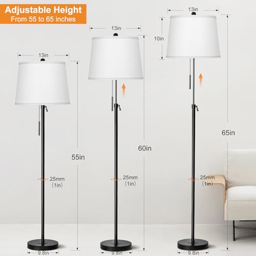 JUNNAI Black Floor Lamps for Living Room Adjustable Height Standing Lamp Modern Tall Pole Lamps for Bedroom Office with White Linen Shade 3 Color Temperature 9W LED Bulb Included - color: Black+White Shade