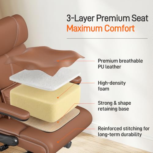 Office Chair, Executive Mid-Back Computer Desk Chair with Flip-up Armrests | 300 Lbs Ergonomic Leather Swivel PC Chair with Rock Function for Working Studying (Brown) - color: Brown