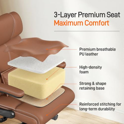 Office Chair, Executive Mid-Back Computer Desk Chair with Flip-up Armrests | 300 Lbs Ergonomic Leather Swivel PC Chair with Rock Function for Working Studying (Brown) - color: Brown