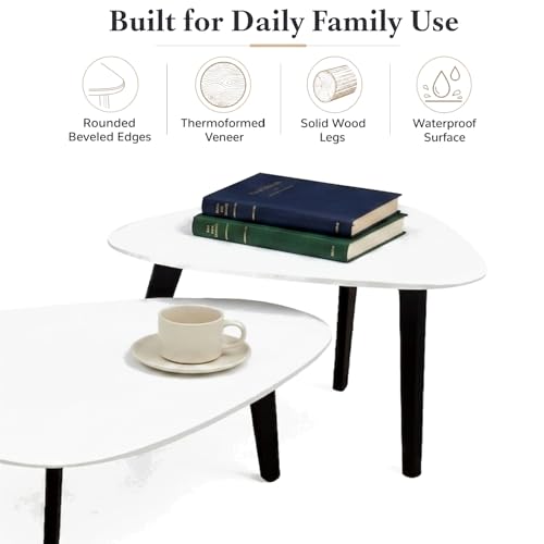 Nesting Coffee Table Set of 2-Mid Century Moder Coffee Table | Guitar Pick Stacking Tables with Solid Wood Legs,Small Coffee Tables for Small spaces,Living Room,Balcony - color: White