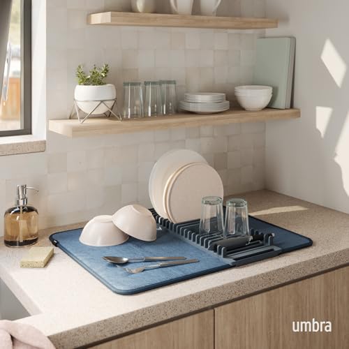 Umbra Udry Dish Rack and Microfiber Drying Mat – Space-Saving Design Folds Up for Easy Storage, Basic Rack, Slate Blue | Protects countertop, BPA-free, recycled plastic construction - color: Slate Blue, size: 24" x 18"
