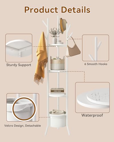 YMYNY Coat Rack, Freestanding Coat Stand with Storage Shelves, Hall Trees with 3 Wooden Shelves and 1 Fabric Basket, Metal Clothes Stand for Hats Bags Hallway Bedroom White UHGR005W - color: White