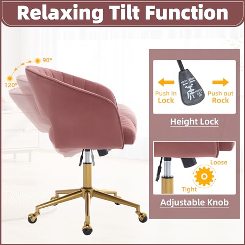Desk Chair with Wheels, Gold Base, Velvet Accent Vanity Armchair, Rose Red | Spacious‌ Soft Seat, Swivel Height Adjustable, Rocking Function, Modern Stripe for Girls &Women Bedroom Makeup or Nail - color: Rose Red Velvet