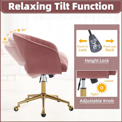 Desk Chair with Wheels, Gold Base, Velvet Accent Vanity Armchair, Rose Red | Spacious‌ Soft Seat, Swivel Height Adjustable, Rocking Function, Modern Stripe for Girls &Women Bedroom Makeup or Nail - color: Rose Red Velvet