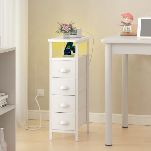 sthmec Nightstand Set 2 with Charging Station, Narrow End Table Set of 2 with 4 Drawers, LED Side Table with Fabric Drawers,Slim Sofa Couch Tables for Small Spaces,Living Room,Bedroom, White - color: White, style: Power & LED