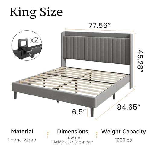 King Linen Bed Frame with Storage Headboard & Charging Station | Vertical Channel Tufted, Mattress Non-slip Design, No Box Spring Needed, Noise-Free, Easy Assembly, Sturdy, Wingback - color: Grey, size: King