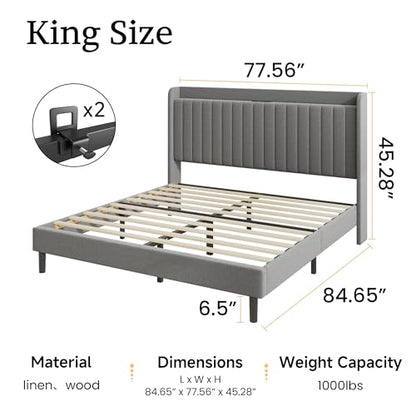 King Linen Bed Frame with Storage Headboard & Charging Station | Vertical Channel Tufted, Mattress Non-slip Design, No Box Spring Needed, Noise-Free, Easy Assembly, Sturdy, Wingback - color: Grey, size: King