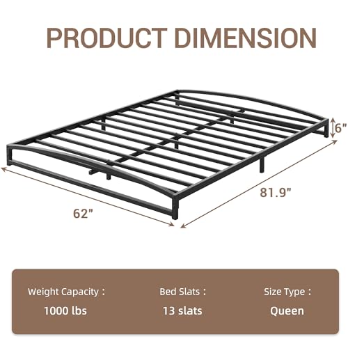 IDEALHOUSE Low Bed Frame, 6 in Queen Size Metal Platform Bed Frame, Black | Arch Design, Heavy Duty Bed Frame, Strong Bearing Capacity, No Box Spring Needed, - color: 6 Inch Black, size: Queen