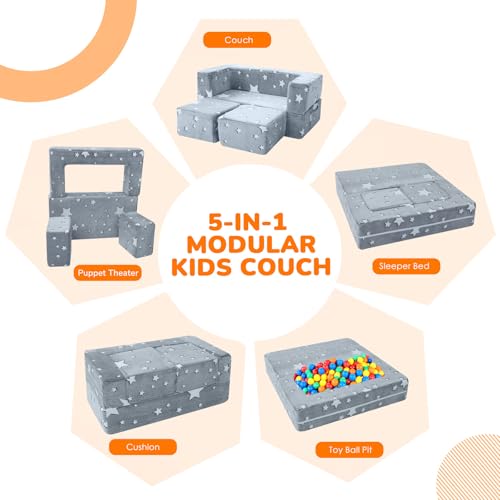 MeMoreCool Glow in Dark Star Kids Couch, Fold Out Foam Play Sofa, Grey | Glow in dark star kids couch, grey foam sofa folds out for playroom fort building play - color: Stars