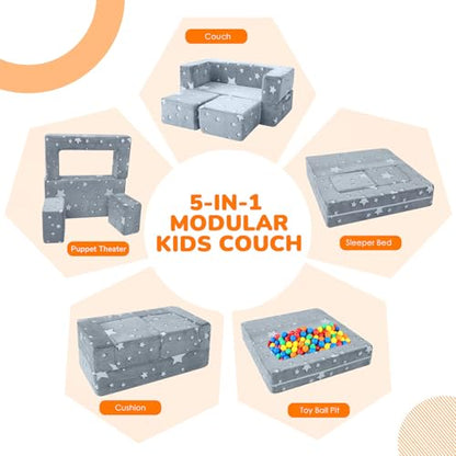 MeMoreCool Glow in Dark Star Kids Couch, Fold Out Foam Play Sofa, Grey | Glow in dark star kids couch, grey foam sofa folds out for playroom fort building play - color: Stars
