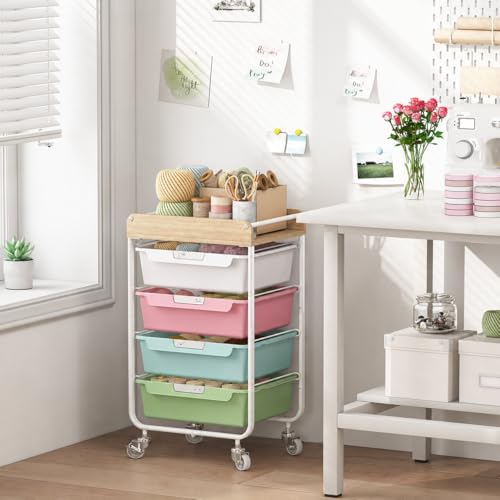 SYKIARIOL Rolling Craft Storage Cart with 4 Drawers,Kid Craft Cart,Colorful | Utility Cart with Drawers,Art Craft Organizers and Storage,Kids Art Cart With DIY Lable and Wooden Tabletop Area - color: Colorful, size: 4-Drawer