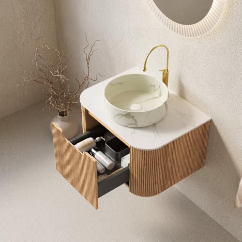 24" Floating Bathroom Vanity with Sink, Wall Mounted Plywood Cabinet, Natural Wood Grain Fluted Front, Sintered Stone Countertop, White Marble-Look Ceramic Vessel Sink, Soft-Close Drawer - color: Natural Oak Cabinet / White Marble Sink, size: 24 Inch