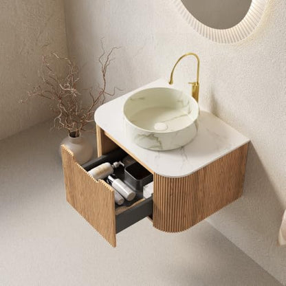 24" Floating Bathroom Vanity with Sink, Wall Mounted Plywood Cabinet, Natural Wood Grain Fluted Front, Sintered Stone Countertop, White Marble-Look Ceramic Vessel Sink, Soft-Close Drawer - color: Natural Oak Cabinet / White Marble Sink, size: 24 Inch