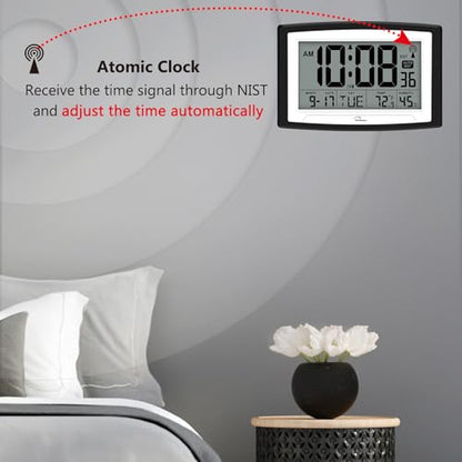 12.5 Inch Atomic Clock with Indoor Temperature and Humidity | Battery Operated Digital Wall or Desk Clock, Auto DST, Large Display for Seniors, Self-Setting, for Classroom, Garage, Office - size: Large