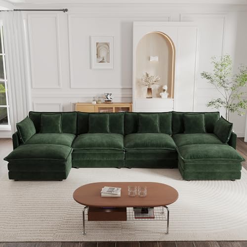 Modular Sectional Sofa, 146.5 Inch U Shaped Couch Set for Living Room, 4-Seater Comfy Cloud Couches with Two Movable Ottoman, DIY Combination, Chenille, Evergreen - color: Evergreen, size: 146.5 Inch- U