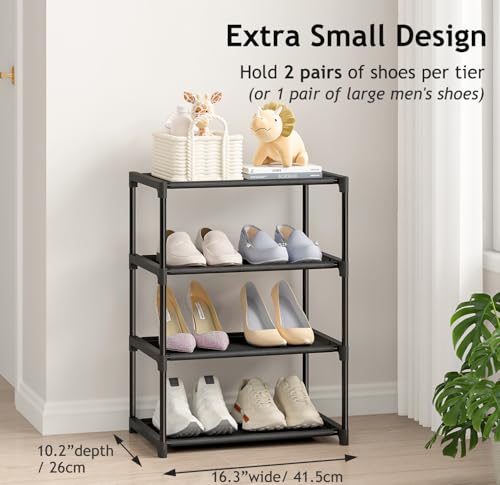Autonomier 4 Tier Extra Small Shoe Rack (16.3" Wide), Space Saver Shelf | Kids Toddler Adult Shoe Storage Organizer, Narrow Stackable Shoe Organization Shelves, for Closet Floor Entryway Bedroom