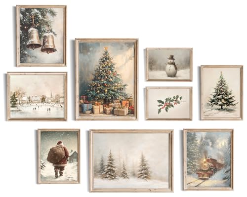 uniro Christmas Wall Art Prints, Vintage Christmas Decor, Farmhouse Winter Holiday Canvas Art Prints, Snowman Pine Tree Santa Claus Forest Landscape Xmas Poster Set, Rustic Christmas Picture Wall Decor for Bedroom, Living Room, Gallery, Winter Room Decor,