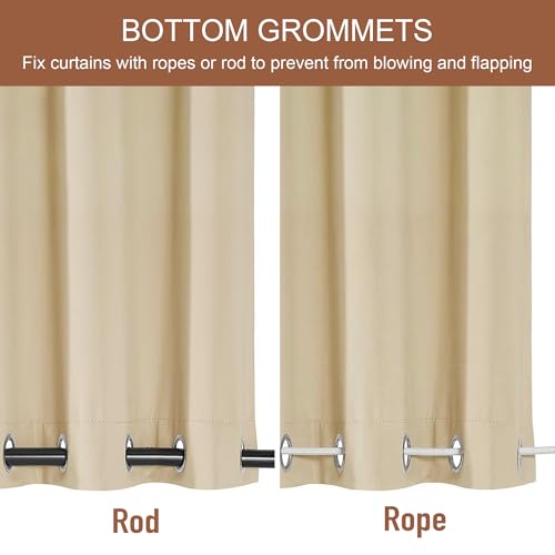 RYB HOME Windproof Curtains Outdoors - Waterproof Blackout Shade Thermal Insulated Weighted Drapes for Porch Gazebo Pergola Garage Sun Room Decor, 52 Width x 96 inch Length, 2 Panel, Beige | Thermal Insulated, Weighted Drapes for Porch Gazebo Pergola Gara