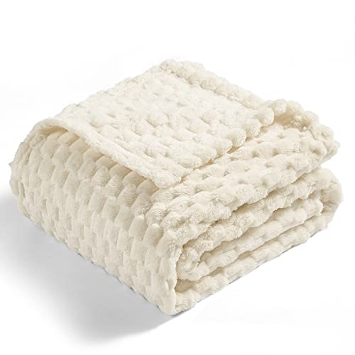 Vessia Flannel Fleece Queen Size Bed Blanket(90x90 inch), 3D Jacquard Cream Fuzzy and Warm Blanket for Adults, 300GSM Super Soft Touch Cozy Lightweight Ivory Bed Home Decor for All-Season - color: Cream-3d, size: 90x90 inch