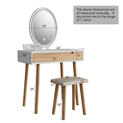 YOURLITE Makeup Vanity Desk with Lighted Mirror & Stool | 31.5" Makeup Table, 3 Lighting Modes, Adjustable Brightness, 2 Drawers, Cushioned Stool, Oval Mirror - size: 31.5", style: Oval Mirror Wood