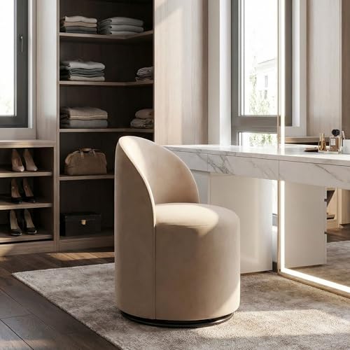 HNY Upholstered Kitchen & Dining Room Barrel Chair, Mid Century Modern Round Velvet Dining Chair, 360 Degree Swivel Comfy Armless Accent Makeup Vanity Side Chair for Bedroom Living Room, Khaki - color: Khaki